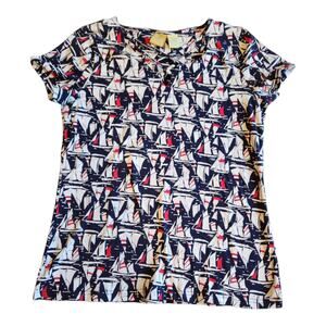 Caribbean Joe Top Sailboat Print Short Sleeve Size Small Cotton Red White Blue